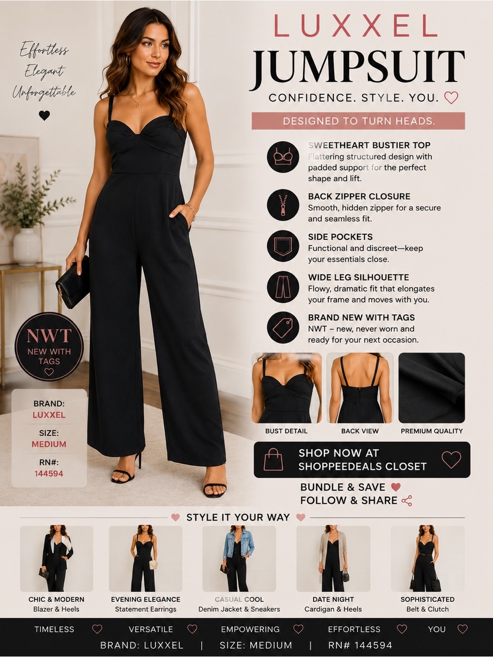 LUXXEL NWT Black Wide Leg Jumpsuit | Sweetheart Neck | Side Pockets | Medium
